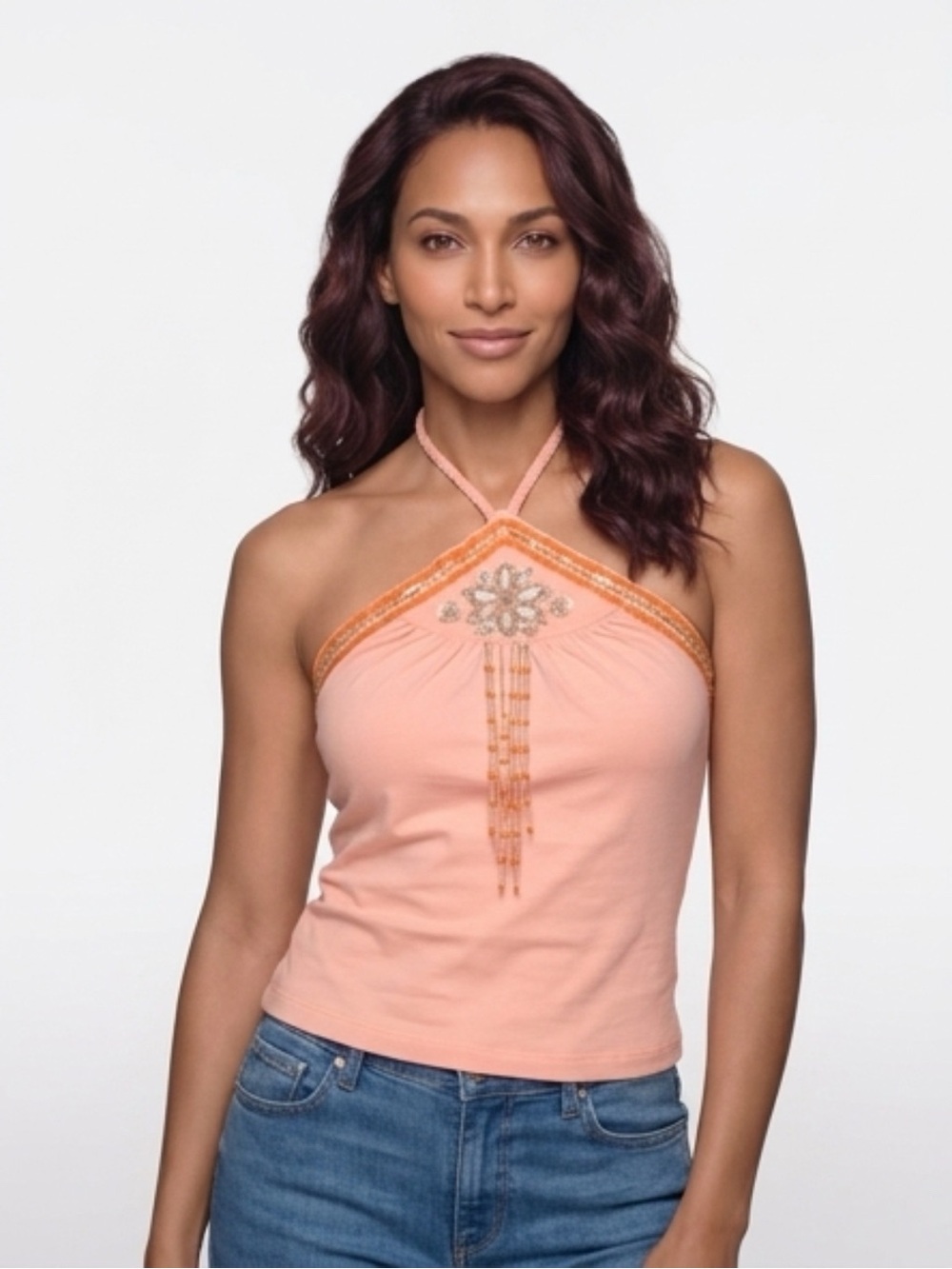 Lulumari Peach Halter Camisole with Beaded Detail